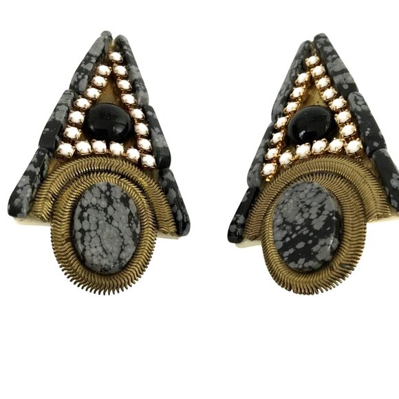 VTG HANSEN Signed 1988 Obsidian Stone Beaded Cuff Bracelet Clip-On Earrings Set - Picture 4 of 16